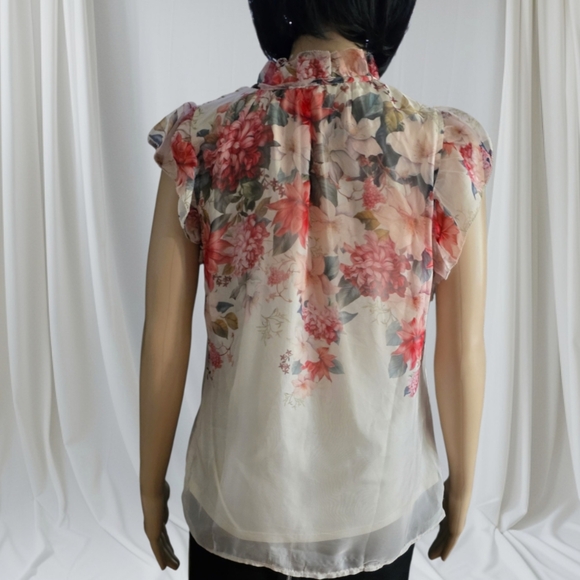 2/30$ Autres Filles Floral Chiffon Blouse Pink & Cream Ruffle Sleeves Top,Size S - Picture 4 of 12